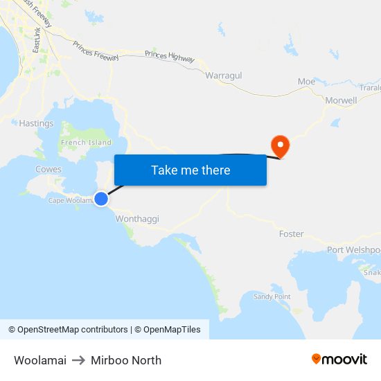 Woolamai to Mirboo North map