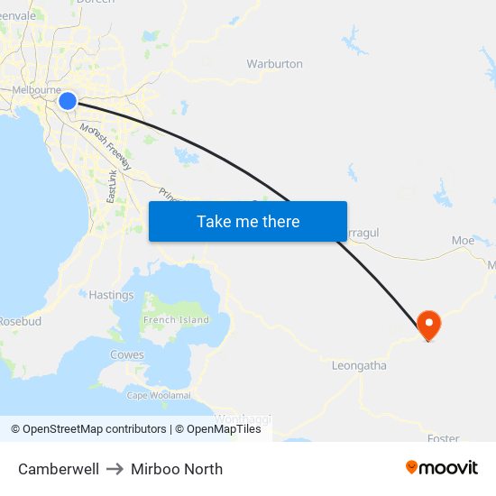 Camberwell to Mirboo North map