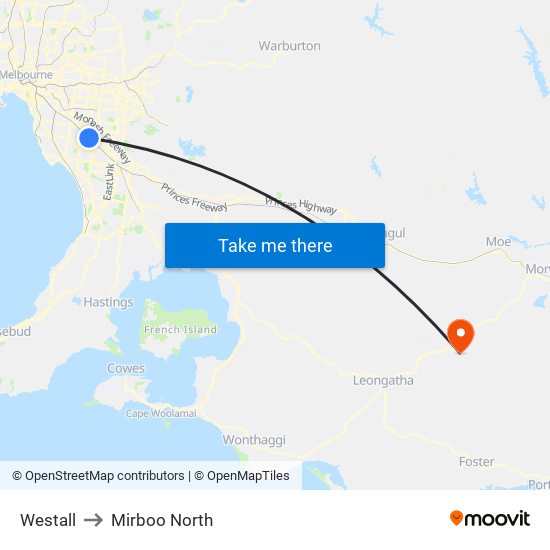 Westall to Mirboo North map