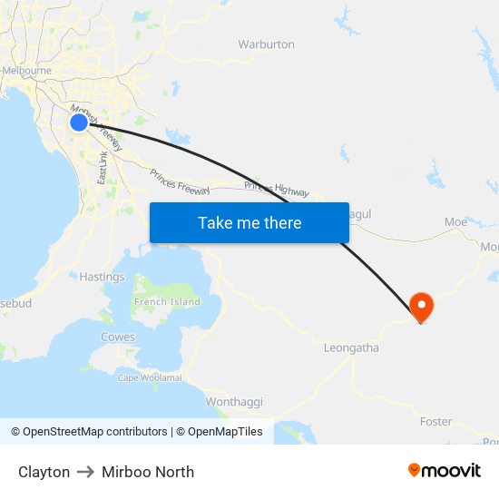 Clayton to Mirboo North map