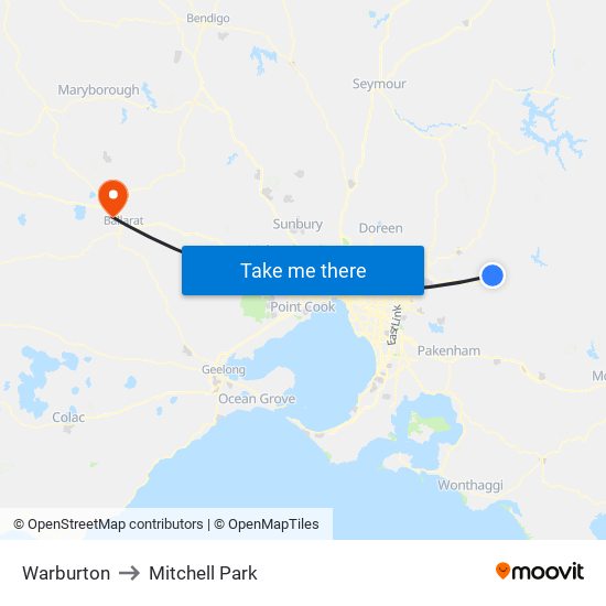 Warburton to Mitchell Park map