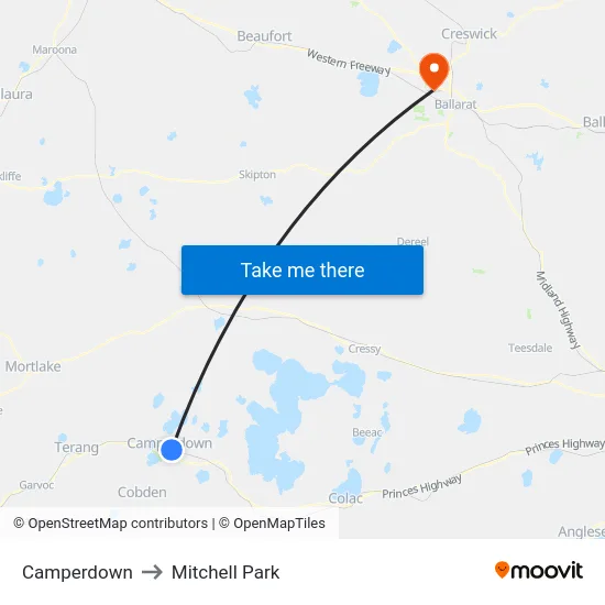 Camperdown to Mitchell Park map