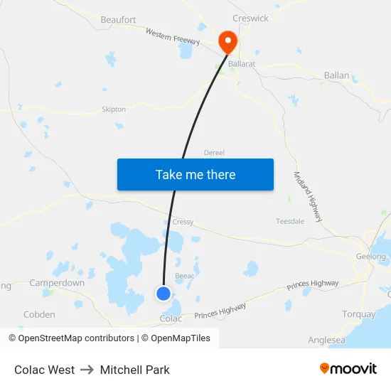 Colac West to Mitchell Park map