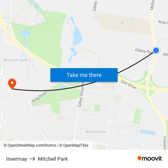 Invermay to Mitchell Park map