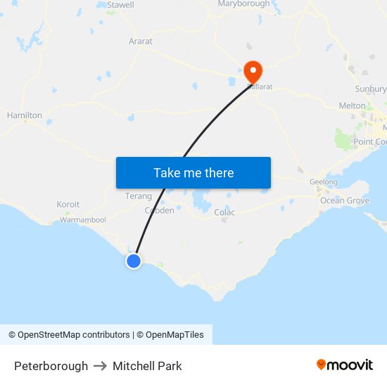 Peterborough to Mitchell Park map