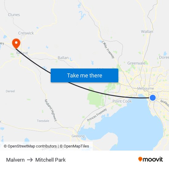 Malvern to Mitchell Park map