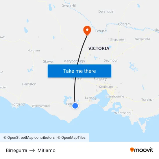 Birregurra to Mitiamo map