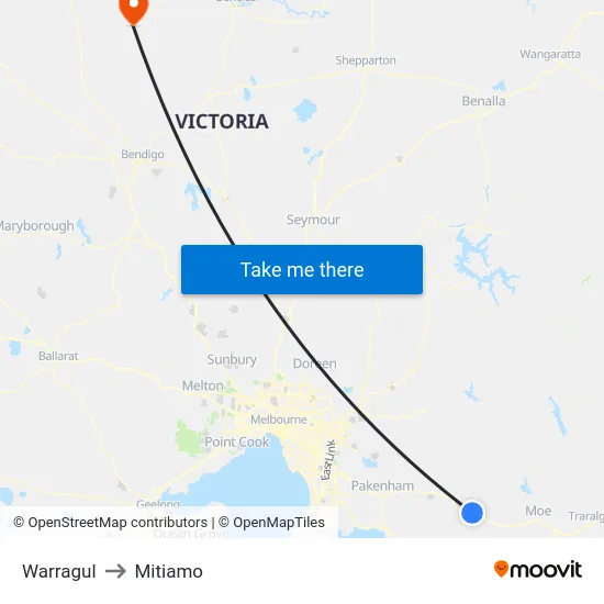 Warragul to Mitiamo map
