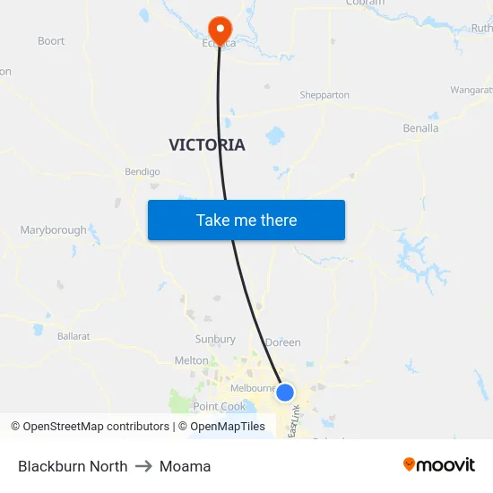 Blackburn North to Moama map