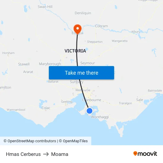 Hmas Cerberus to Moama map