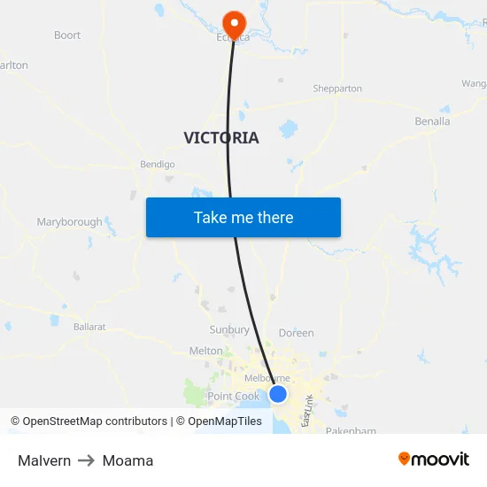 Malvern to Moama map