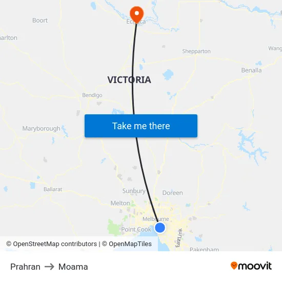 Prahran to Moama map
