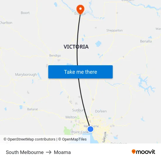 South Melbourne to Moama map
