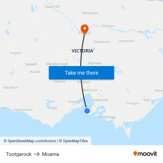 Tootgarook to Moama map