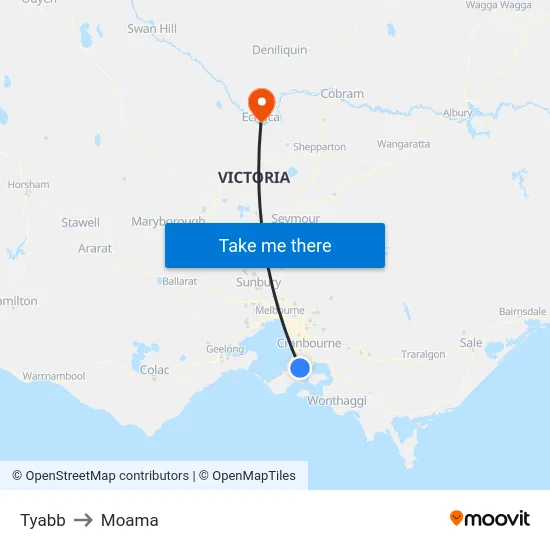 Tyabb to Moama map