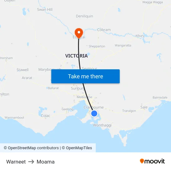 Warneet to Moama map