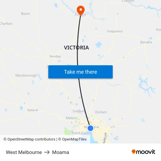 West Melbourne to Moama map