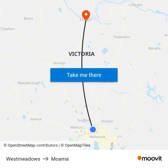 Westmeadows to Moama map