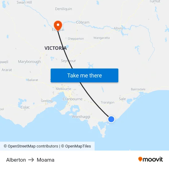 Alberton to Moama map