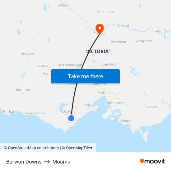 Barwon Downs to Moama map