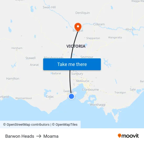 Barwon Heads to Moama map
