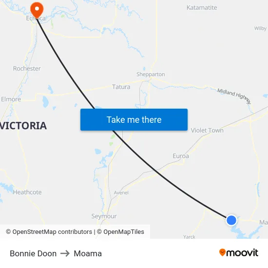Bonnie Doon to Moama map