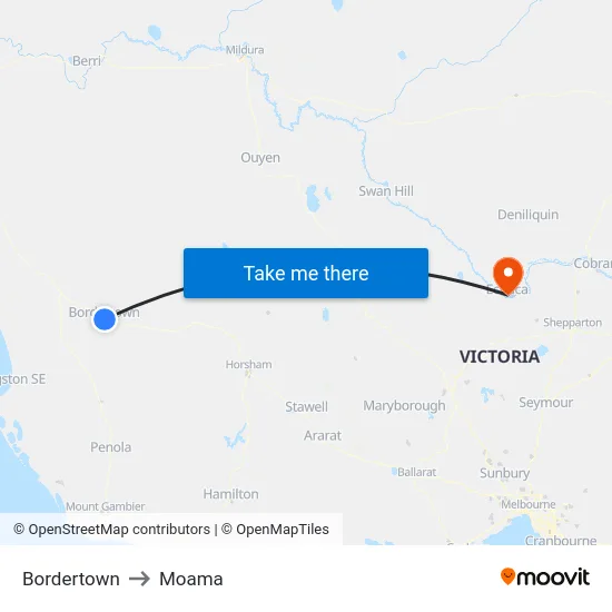 Bordertown to Moama map