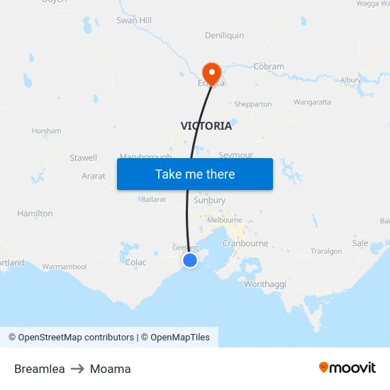 Breamlea to Moama map
