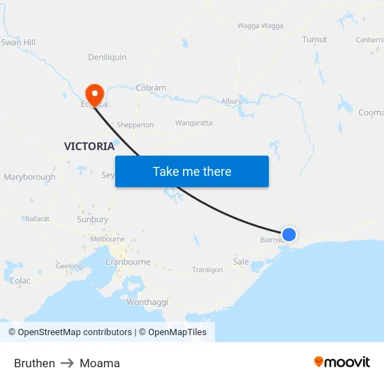 Bruthen to Moama map