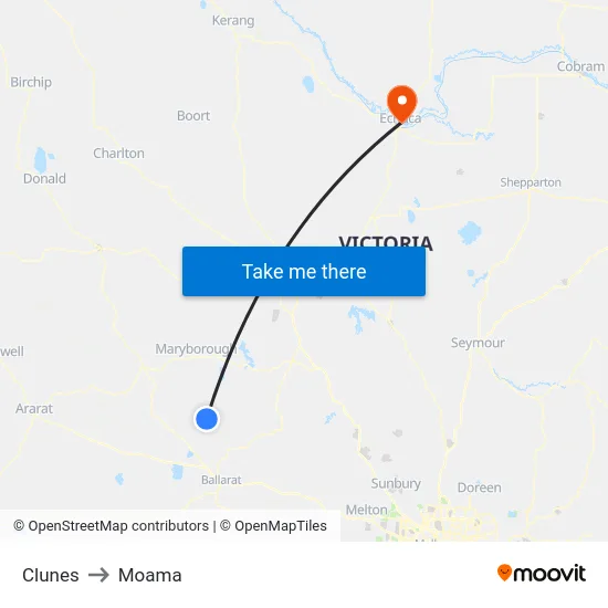 Clunes to Moama map