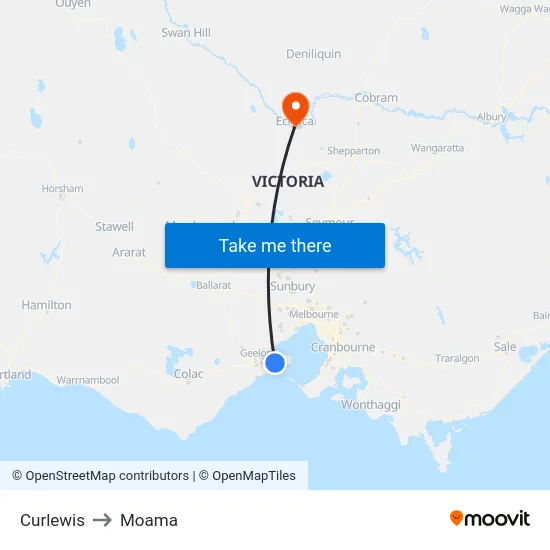 Curlewis to Moama map