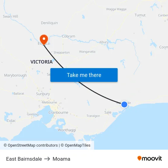 East Bairnsdale to Moama map