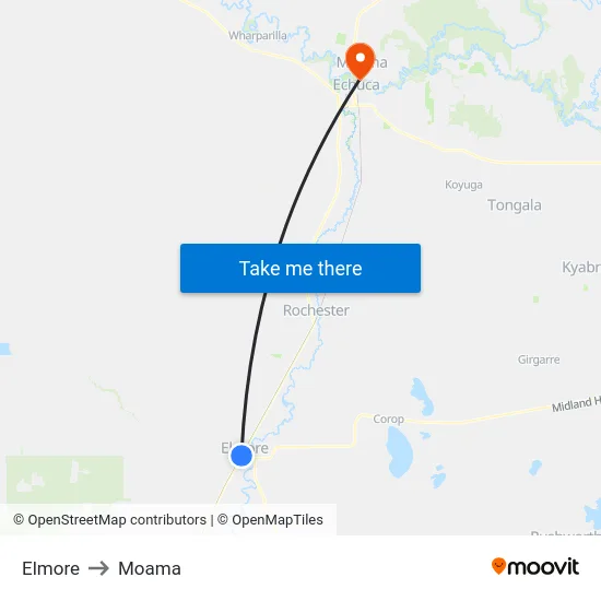 Elmore to Moama map