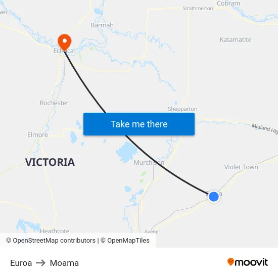 Euroa to Moama map