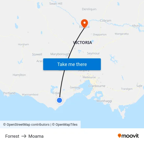 Forrest to Moama map