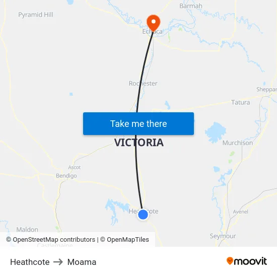 Heathcote to Moama map