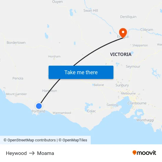 Heywood to Moama map