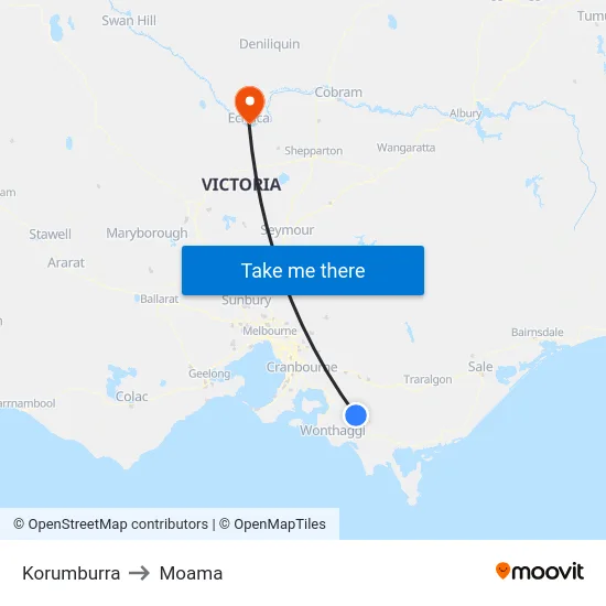 Korumburra to Moama map