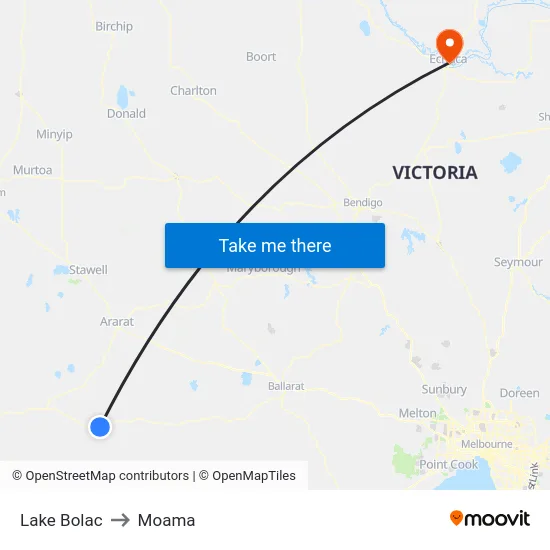 Lake Bolac to Moama map