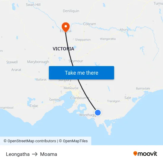 Leongatha to Moama map