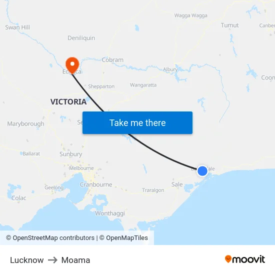 Lucknow to Moama map