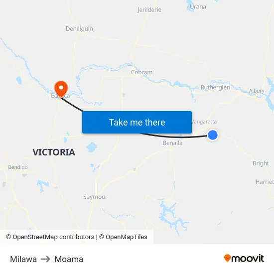 Milawa to Moama map