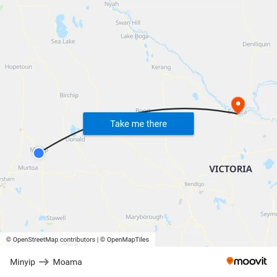 Minyip to Moama map