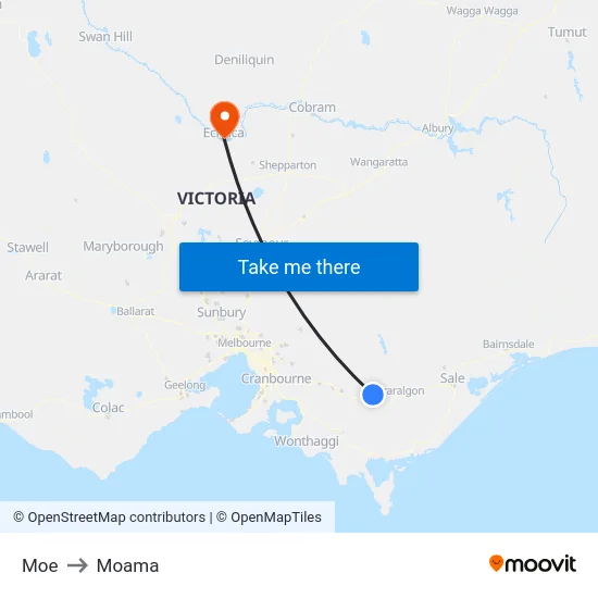 Moe to Moama map