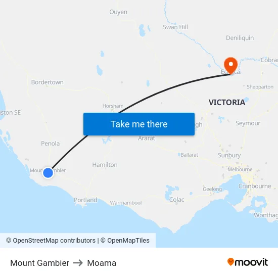 Mount Gambier to Moama map