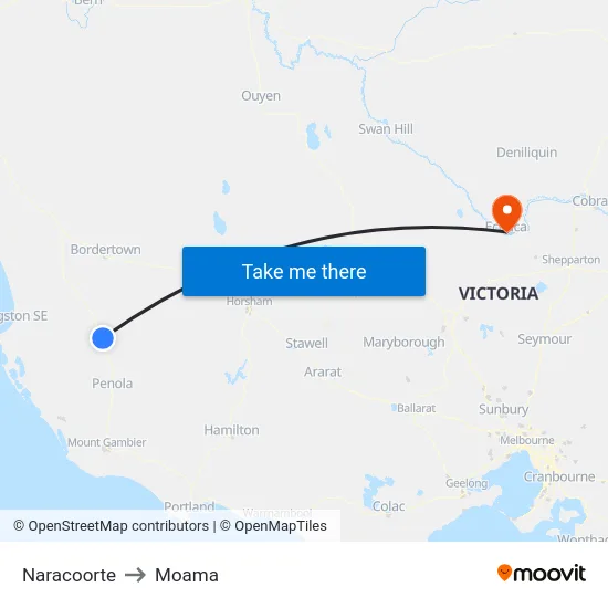 Naracoorte to Moama map