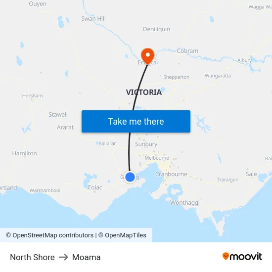 North Shore to Moama map
