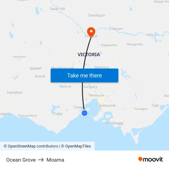 Ocean Grove to Moama map