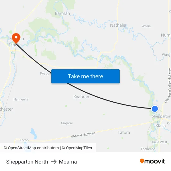 Shepparton North to Moama map