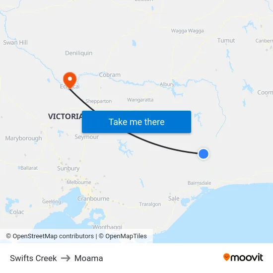 Swifts Creek to Moama map